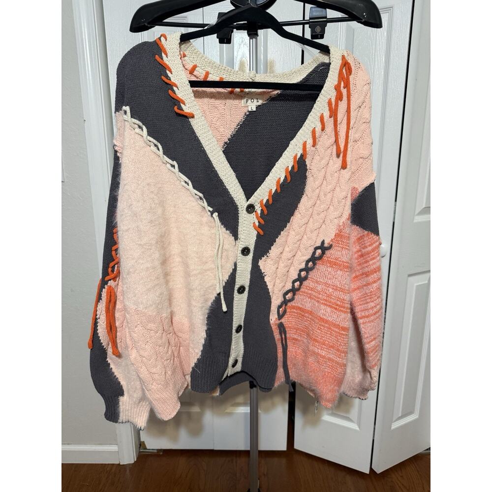POL Colorblock Cable-Knit Cardigan Sweater Pink Gray Orange Cream V-Neck L